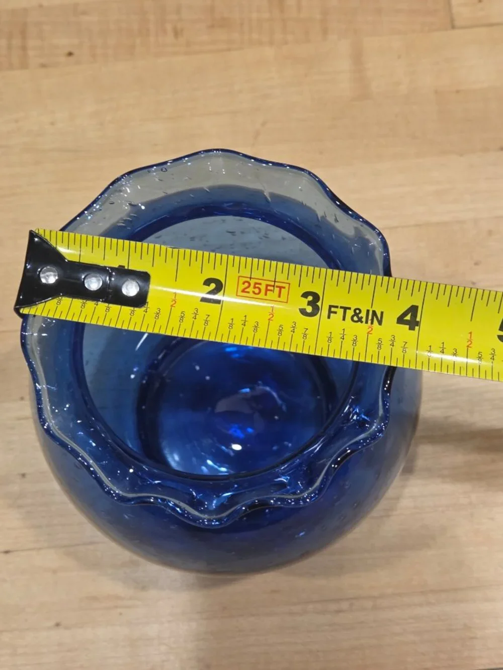 Vintage Pilgrim Glass Cobalt Blue Seeded Bubble Ruffled Rose Bowl Vase
